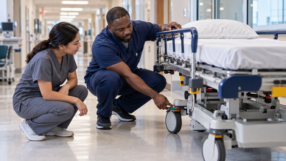 Experienced patient transporter coaching a new hire beside a stretcher in a hospital corridor
